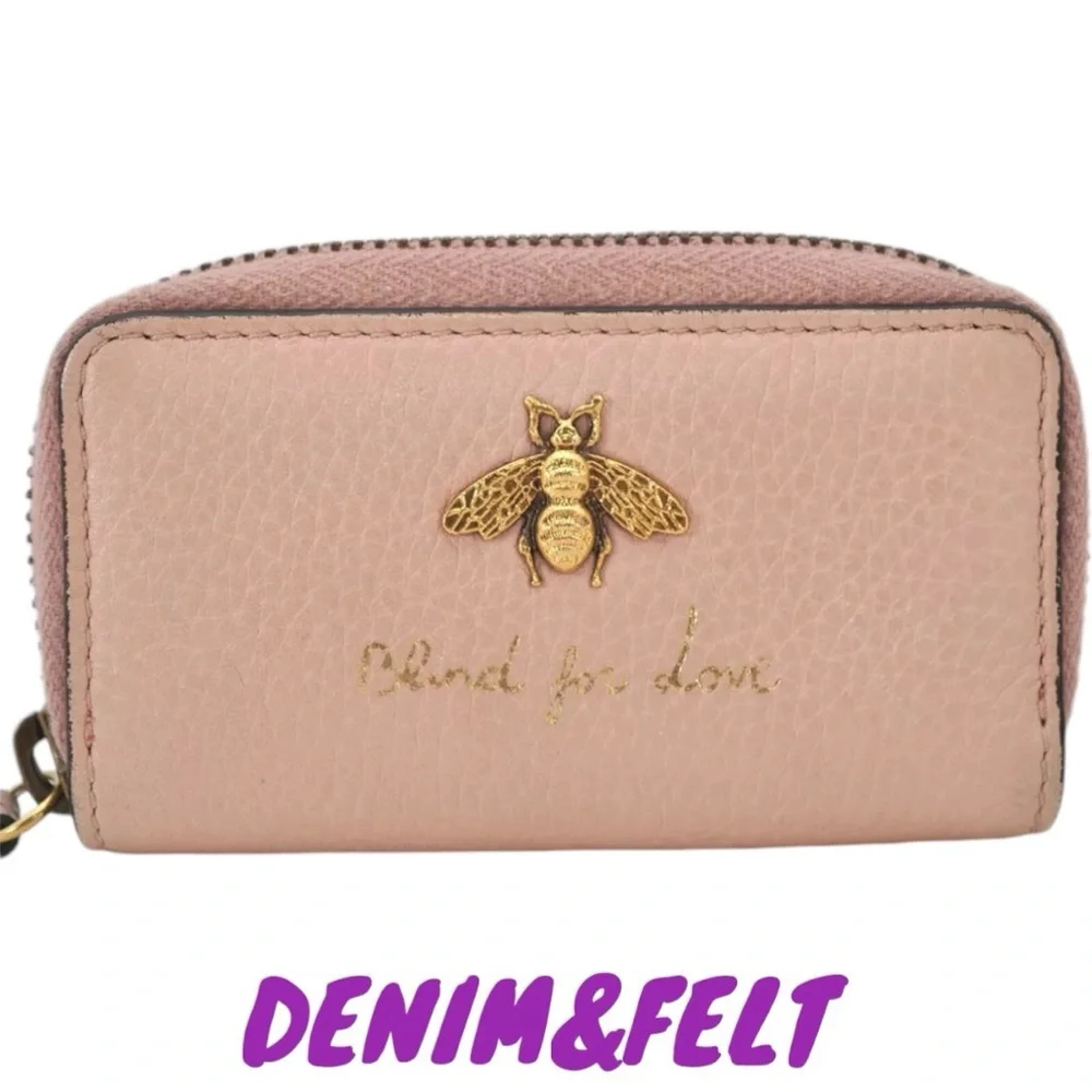 🐝GUCCI Pink Cellarius Calfskin Blind For Love Animalier‎ Zip  Key Case/Pouch